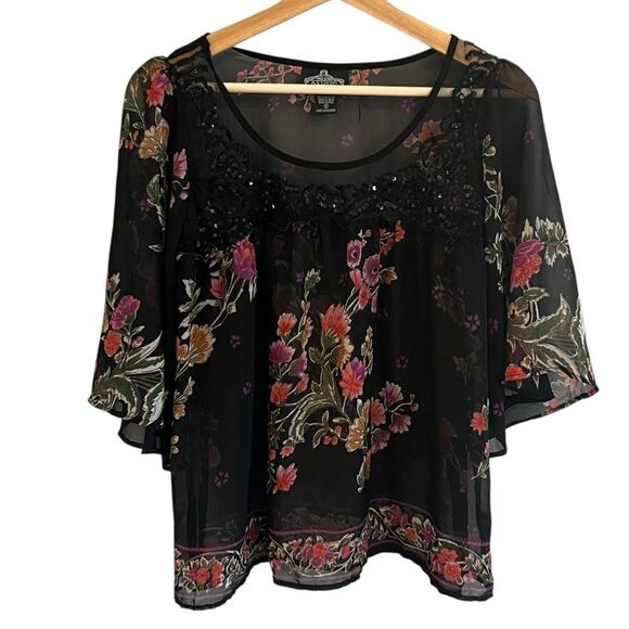 Angie Womens Sheer Floral Fairy Top Size S Black Sequins Whimsigoth Boho Flowy - Picture 1 of 8